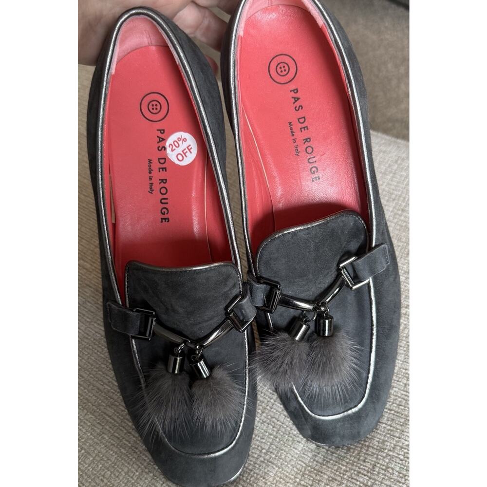 PAS DE ROUGE Lola Black Suede Dressy Loafer‎ Women's 39 US 8.5 Rabbit Fur Tassel